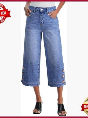 Stretch Wide Leg Capri Jeans High Waist Ankle Length Comfort Fit